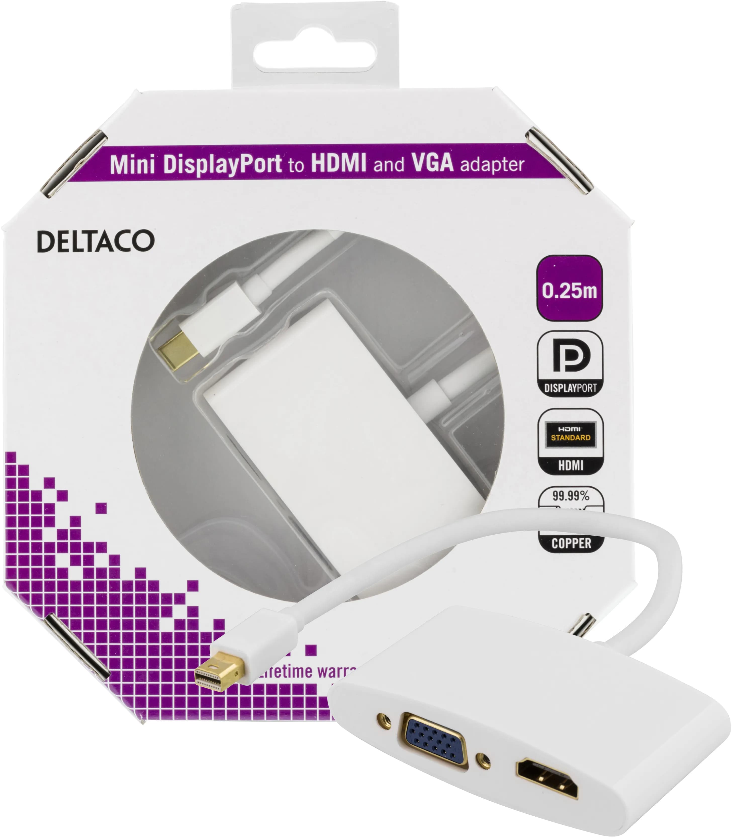 Deltaco mini DisplayPort – HDMI +VGA -adapteri, Valkoinen