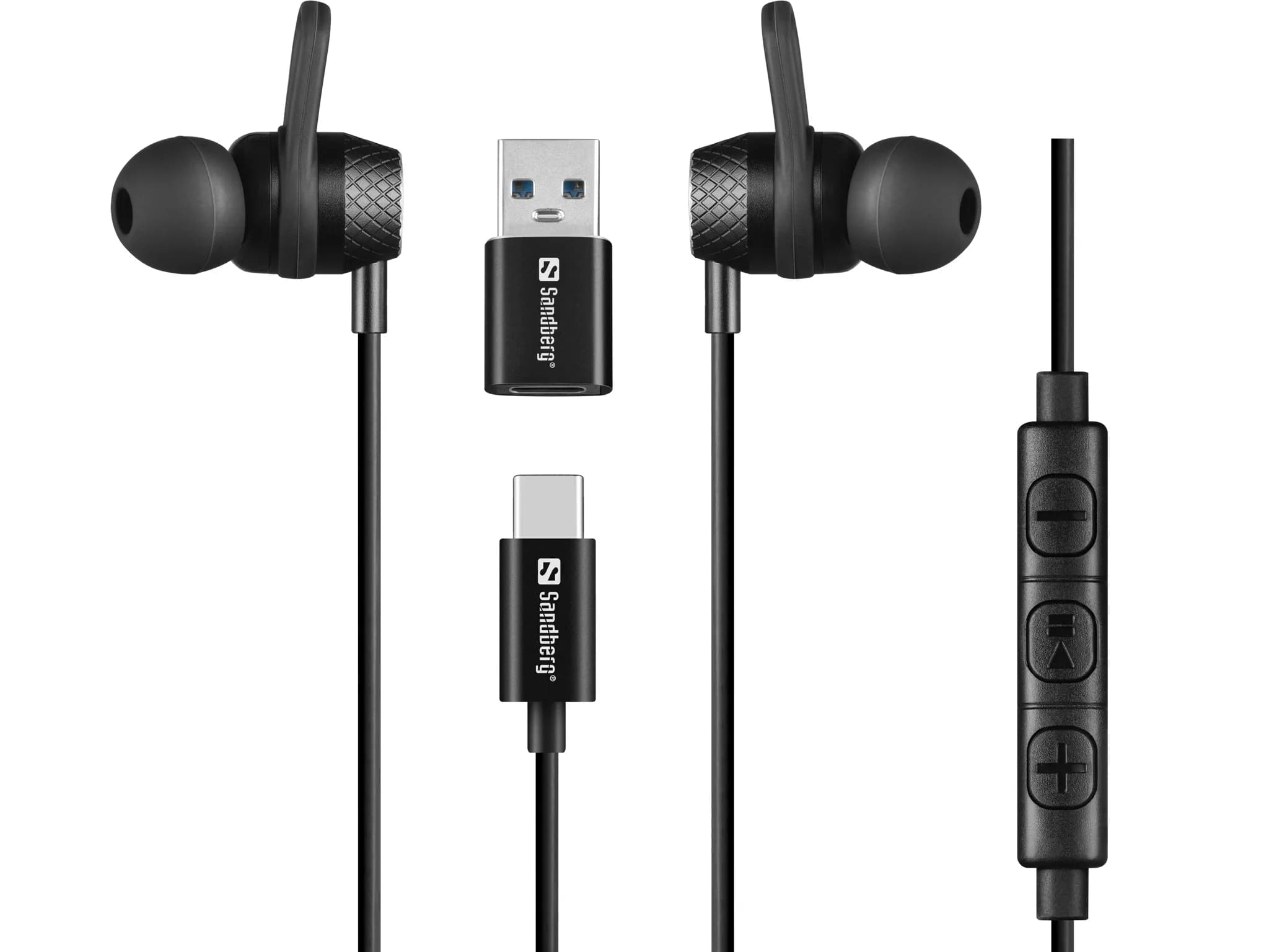 Sandberg USB-C/A In-Earset -kuulokemikrofoni + USB-A-sovitin, musta