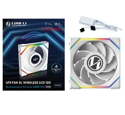Lian Li UNI FAN SL Wireless LCD Reverse Flow PWM ARGB -tuuletin, nestelaakeri, 120 mm, valkoinen