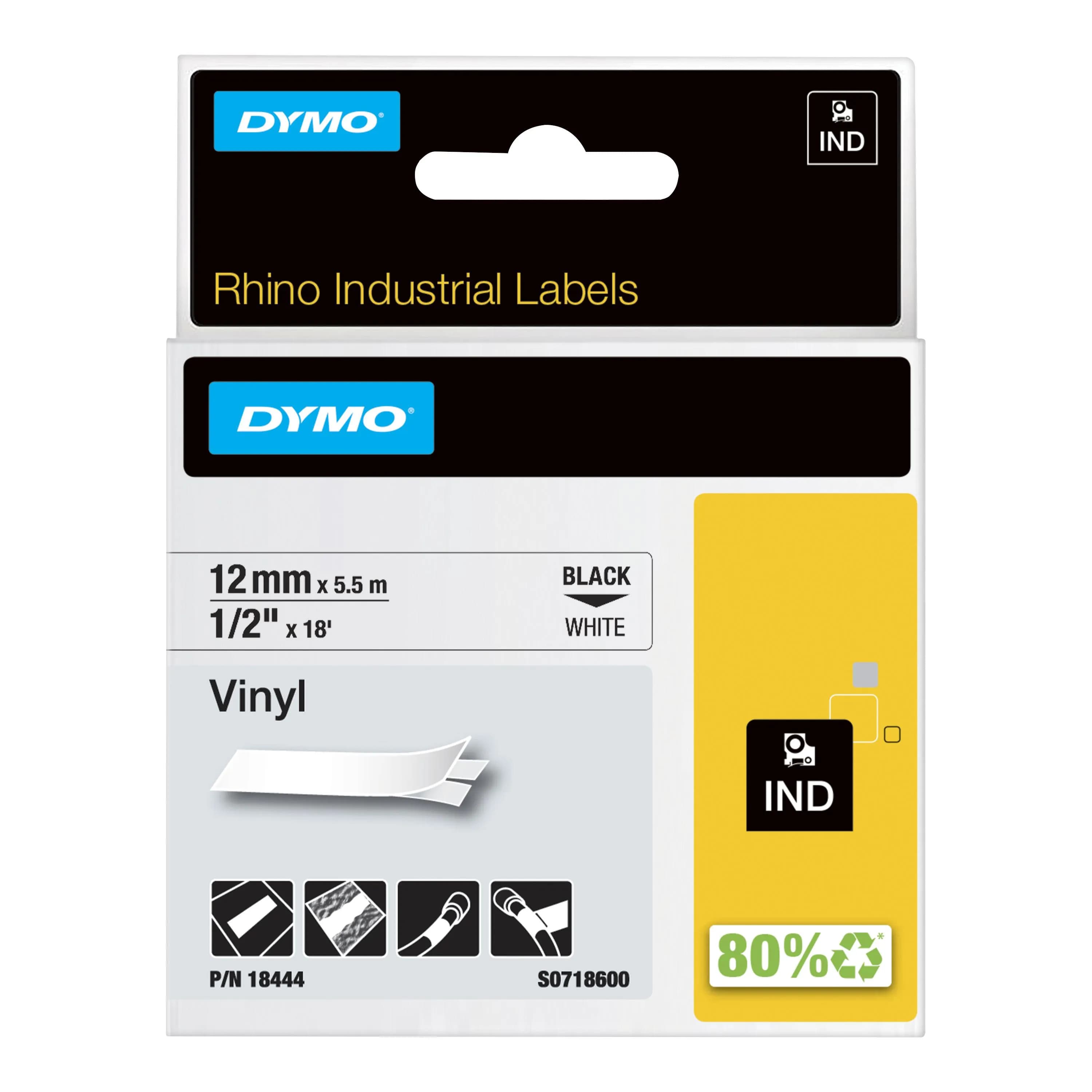 DYMO RhinoPRO märktejp perm vinyl 12mm, svart på vitt, 5.5m rulle