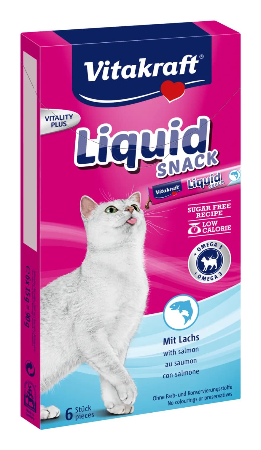 Vitakraft Liquid Snack Salmon, Kissan märkäruoka, Kitten (3+ months) and Adult, 6 x 15 g