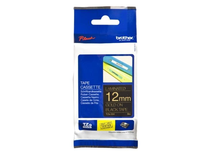 Brother TZe-334 - Standard klæbemiddel - guld på sort - Rulle (1,2 cm x 8 m) 1 kassette(r) lamineret bånd - for Brother PT-D210, D600, H110 P-Touch PT-1005, 1880, E800, H110 P-Touch Cube Plus PT-P710