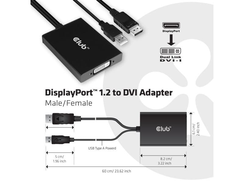 CLUB3D cac-1010, Displayport/usb, DVI-I Daul link, 0,6 m, Musta, Valkoinen