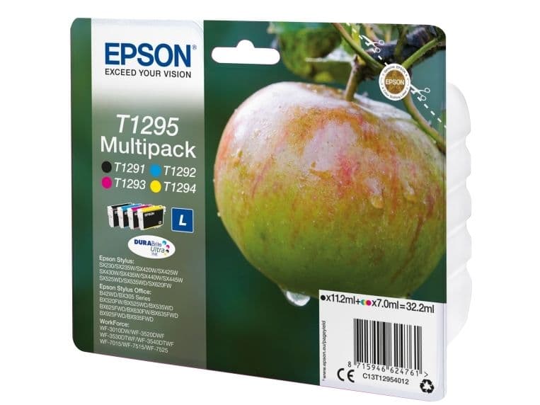 Epson Apple Monipakkaus, 4 väriä T1295 DURABrite Ultra -muste, Musta, Syaani, Magenta, Keltainen, 11,2 ml, 7 ml, 1 kpl, Monipakkaus