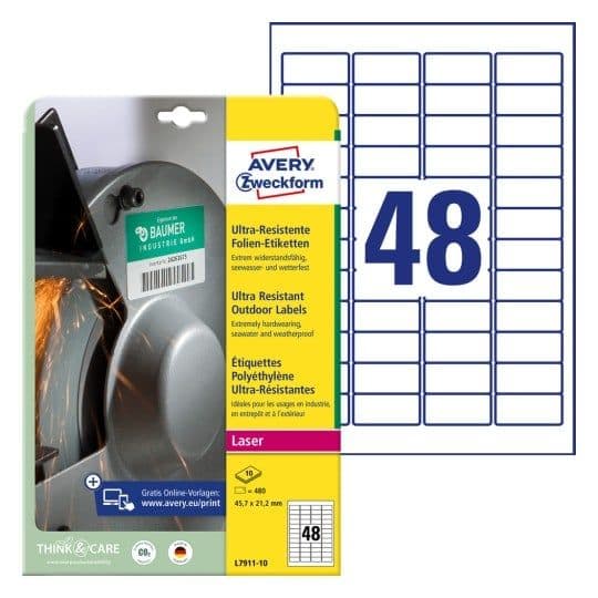 Avery L7911-10, Valkoinen, Pyöristetty suorakulmio, Kiinteä, 45.7 x 21.2 mm, A4, Polyeteeni