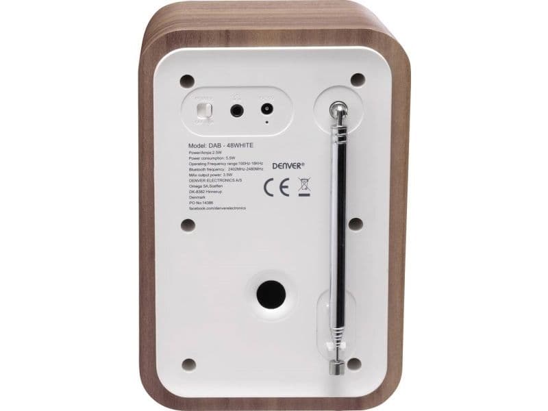 Denver DAB-48WHITE, Henkilökohtainen, Digitaalinen, DAB+, FM, 2,5 W, 3,5 mm, Valkoinen, Puu