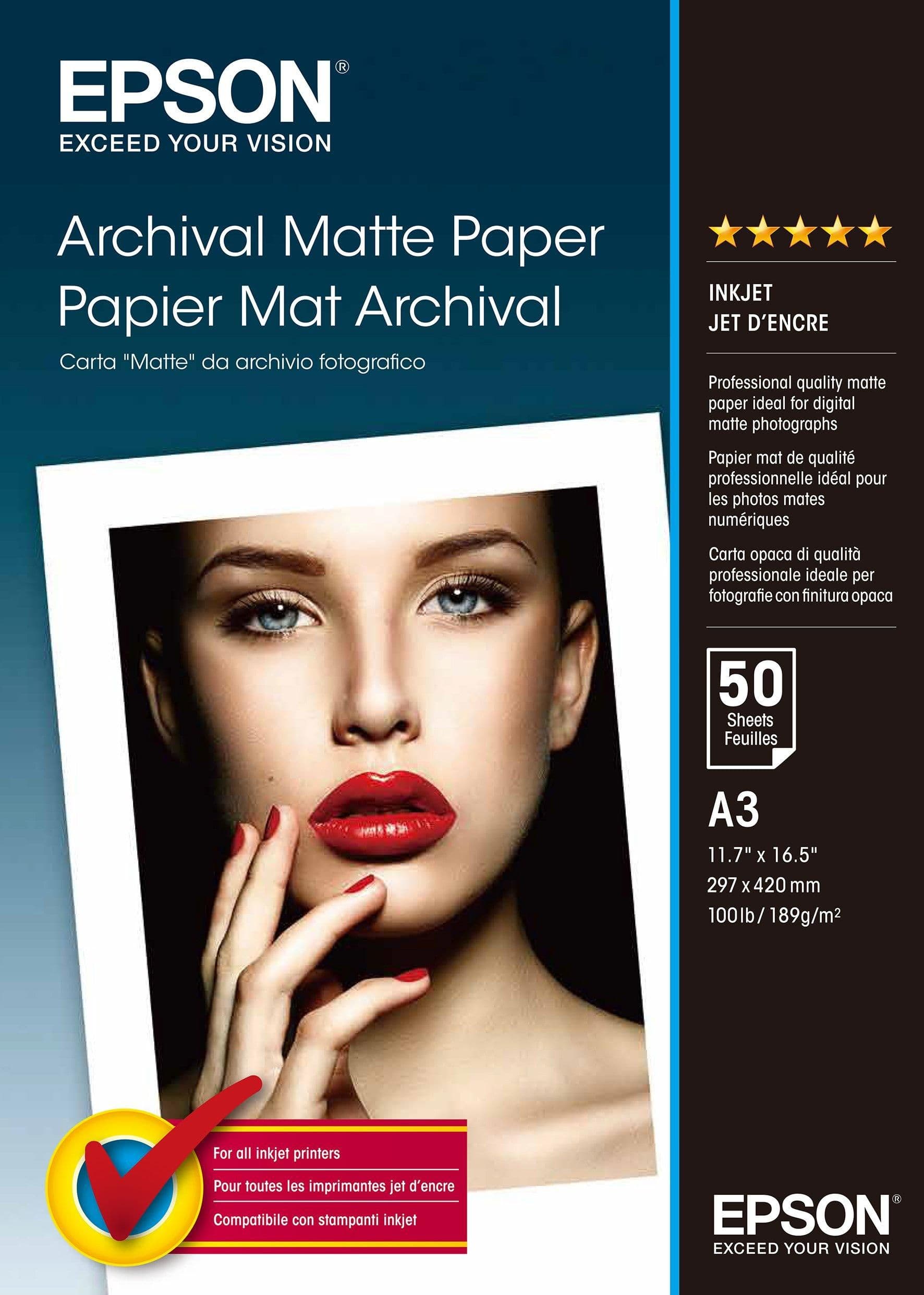 Epson Archival Matte Paper, DIN A3, 189 g/m², 50 arkkia, Matta, 189 g/m², A3, Valkoinen, 50 arkkia, SureColor SC-T7200D SureColor SC-T7200 SureColor SC-T5405 SureColor SC-T5400M SureColor SC-T5400...