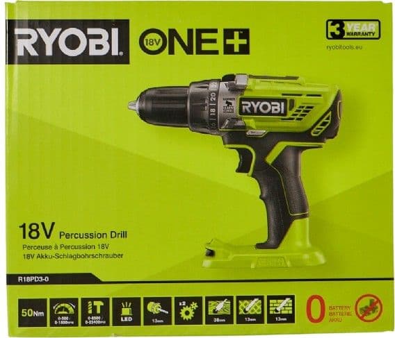 Ryobi One+ R18PD3-0 - Vasaraporakone/ruuvinväännin - akkuporakone - 2-nopeuksinen - avaimeton porakori 13 mm - 50 N-m - ei akkua - 18 V - SOLO