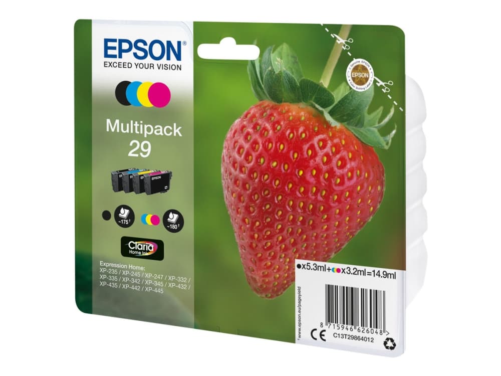 Epson Strawberry Multipack 4-colours 29 Claria Home Ink, Musta, Syaani, Magenta, Keltainen, 5,3 ml, 3,2 ml, 1 kpl, 175 sivua, Monipakkaus