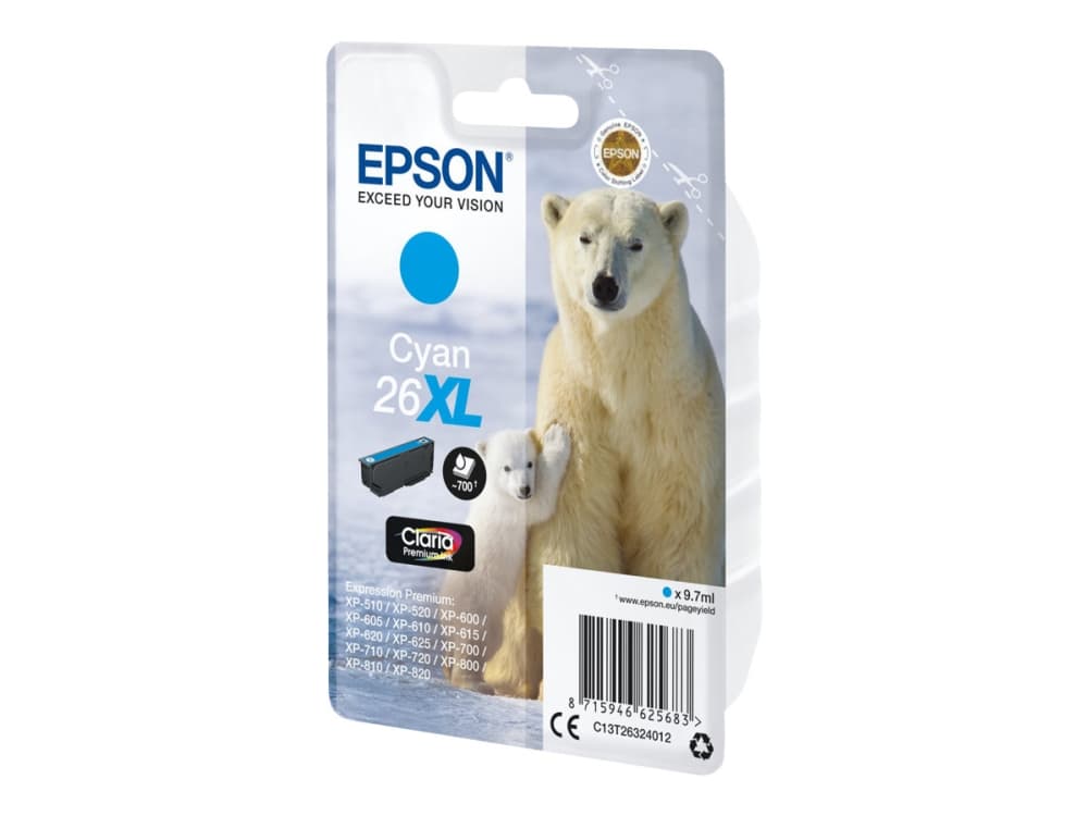 Epson Polar bear Yksittäispakkaus, syaani 26XL Claria Premium -muste, Korkea (XL) värintuotto, 9,7 ml, 700 sivua, 1 kpl