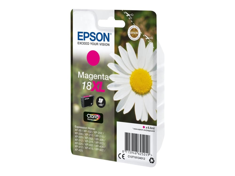 Epson Daisy Yksittäispakkaus, magenta 18XL Claria Home -muste, Korkea (XL) värintuotto, Magenta, Väriainepohjainen muste, 6,6 ml, 1 kpl, 450 sivua