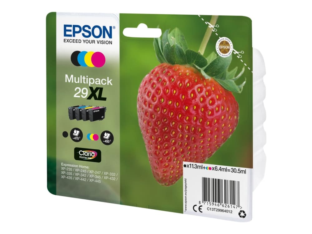 Epson Strawberry Multipack 4-colours 29XL Claria Home Ink, Musta, Syaani, Magenta, Keltainen, 11,3 ml, 6,4 ml, 1 kpl, 470 sivua, Monipakkaus