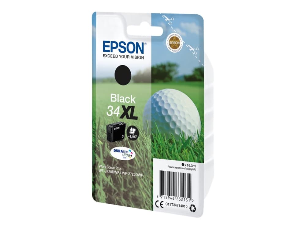 Epson Golf ball Singlepack Black 34XL DURABrite Ultra Ink, Korkea (XL) värintuotto, Musta, Väriainepohjainen muste, 16,3 ml, 1 kpl, 1100 sivua