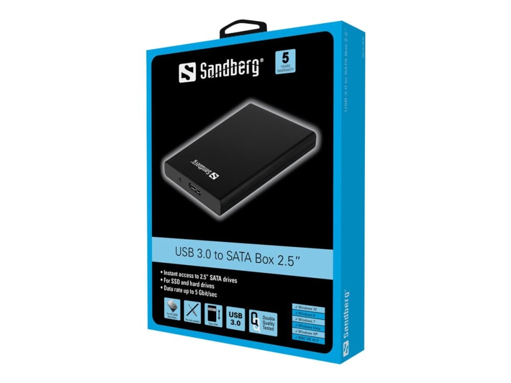 Sandberg USB 3.0 to SATA Box 2.5, HDD-/SSD-kotelo, 2.5, SATA, 5 Gbit/s, USB-liitettävyys, Musta