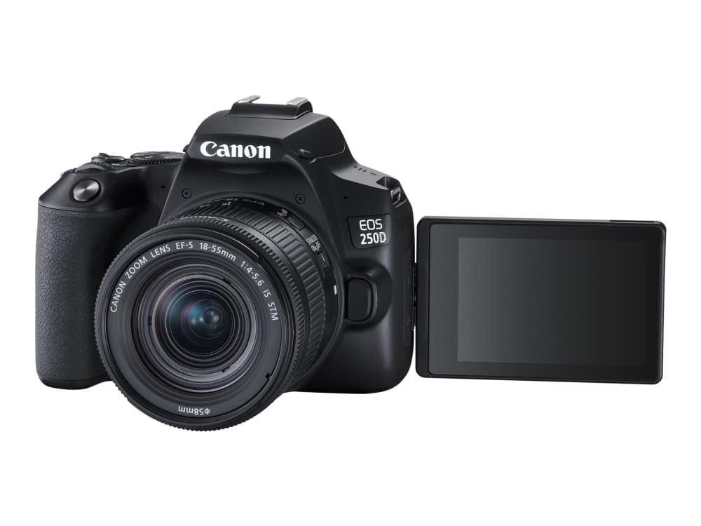 Canon EOS 250D + EF-S 18-55mm f/4-5.6 IS STM, 24,1 MP, 6000 x 4000 pikseliä, CMOS, 4K Ultra HD, Kosketusnäyttö, Musta