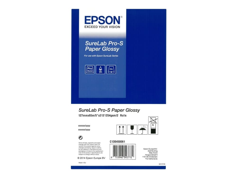 Epson SureLab Pro-S Paper Glossy BP 5x65 2 rolls, Kiilto, 252 g/m², Valkoinen, 252 µm, SureLab SL-D800 OC-LE 240V SureLab SL-D800 Media Bundle 240V SureLab SL-D800 ML 240V SureLab..., 12,7 cm