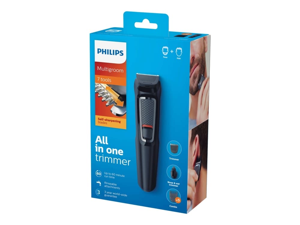 Philips MULTIGROOM Series 3000 7 työkalua, 7-in-1, kasvot ja hiukset, Musta, Suorakulmio, Parta, Korva, Kulmakarva, Viikset, Nenä, Ruostumaton teräs, Akku, 60 min