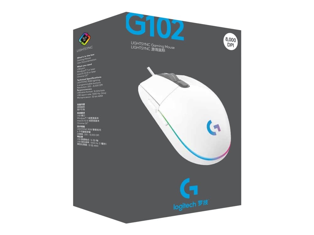 Logitech G G102 Gaming Mouse, USB A-tyyppi, 8000 DPI, 1 ms, Valkoinen