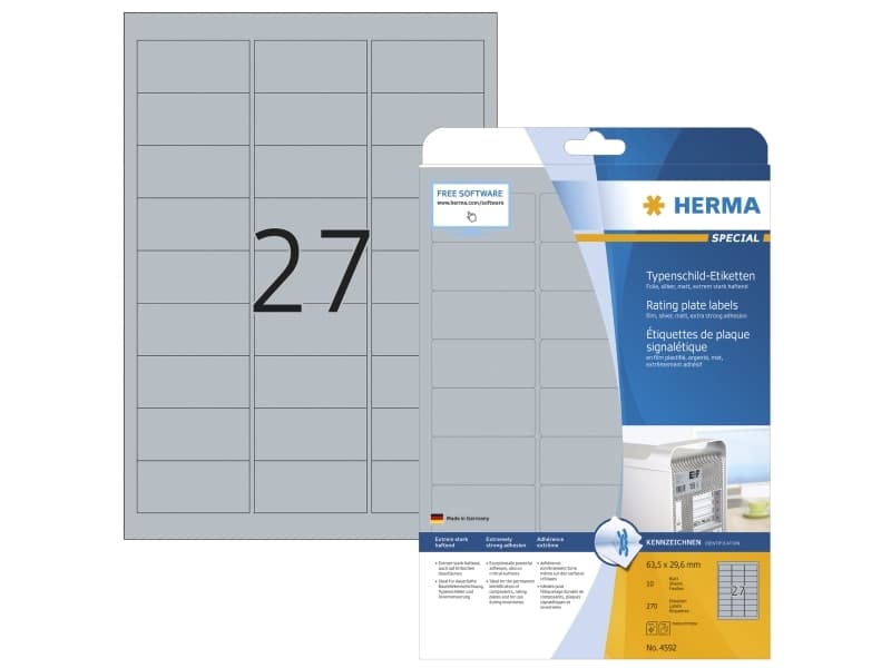 HERMA SPECIAL nameplate labels, 63.5 x 29.6 mm, silver polyester film, extremely strong adhesive, matt, weatherproof, - 1 piece (4592)