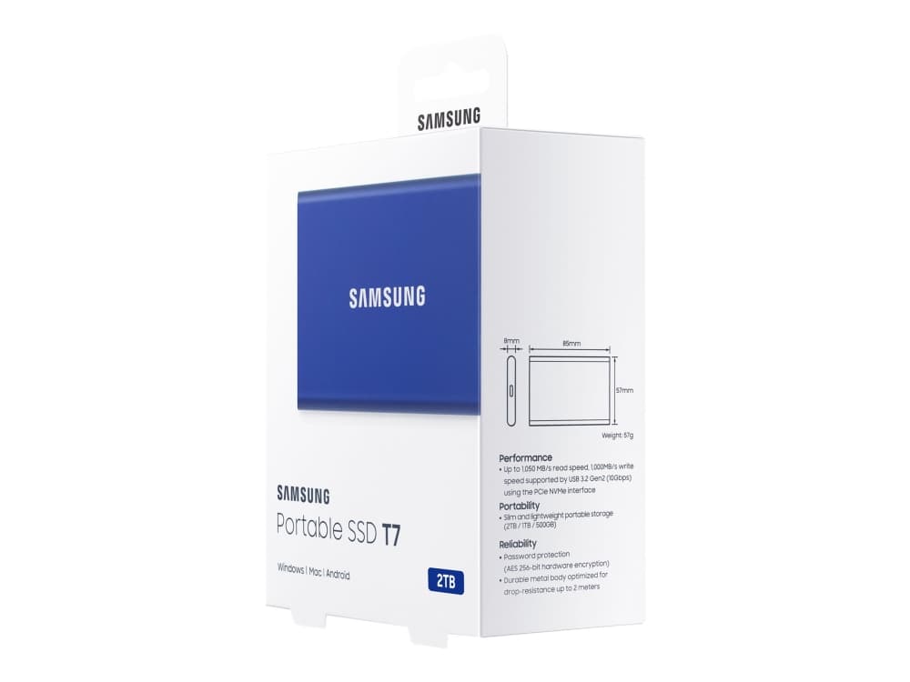 Samsung Portable SSD T7, 2000 GB, USB Type-C, 3.2 Gen 2 (3.1 Gen 2), 1050 MB/s, Salasanasuojaus, Sininen