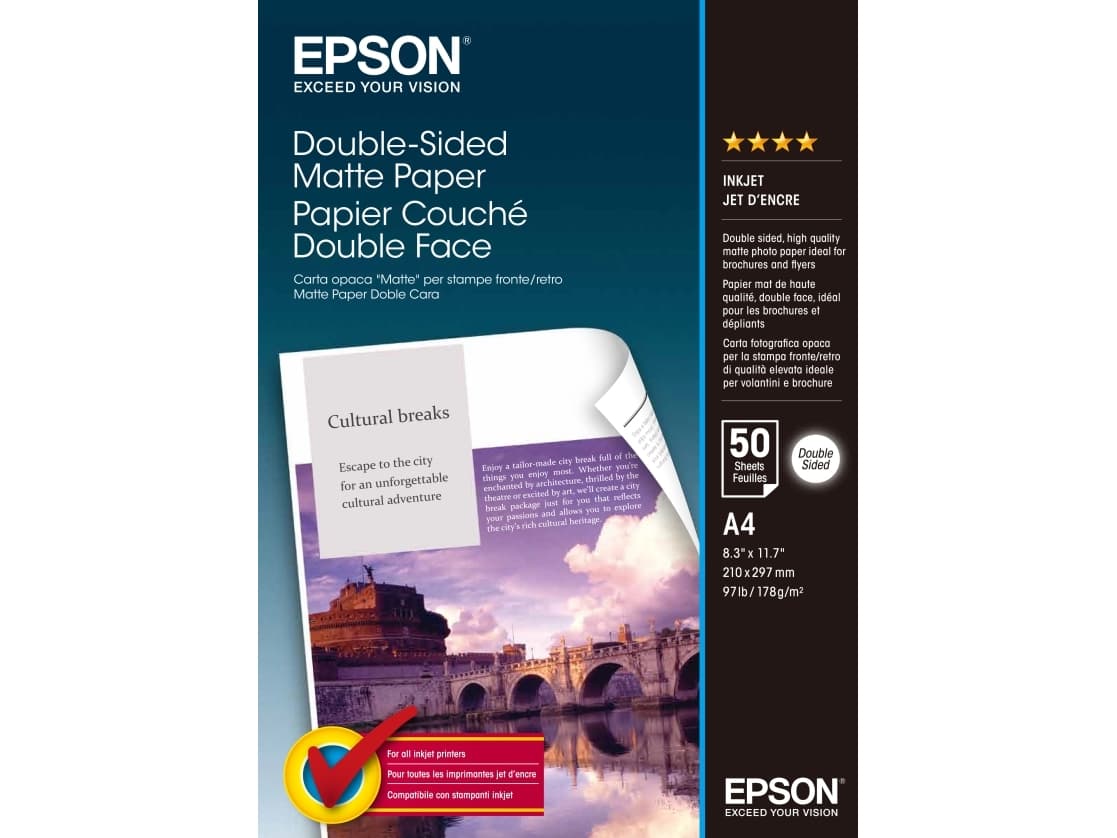 Epson Double-Sided Matte Paper - A4 - 50 arkkia, Matta, 178 g/m², A4, Valkoinen, 50 arkkia, Epson Stylus Color 600, Epson Stylus Color 400, Stylus Photo 700, Stylus Color 740, Epson Stylus...