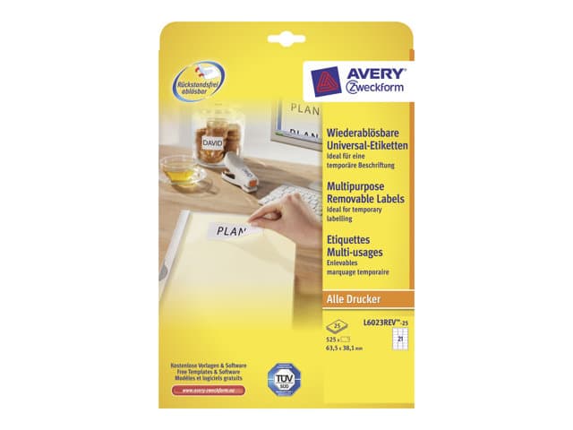 Avery Zweckform L6023REV-25, Valkoinen, Suorakulmio, Irroitettava, Valkoinen läpinäkyvällä, DIN A4, Universaali