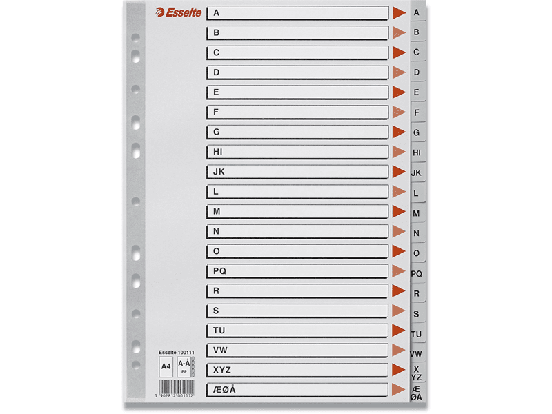 Esselte 100111, Kirjainvälilehti, Polypropeeni (PP), Harmaa, A4, 225 mm, 3 mm