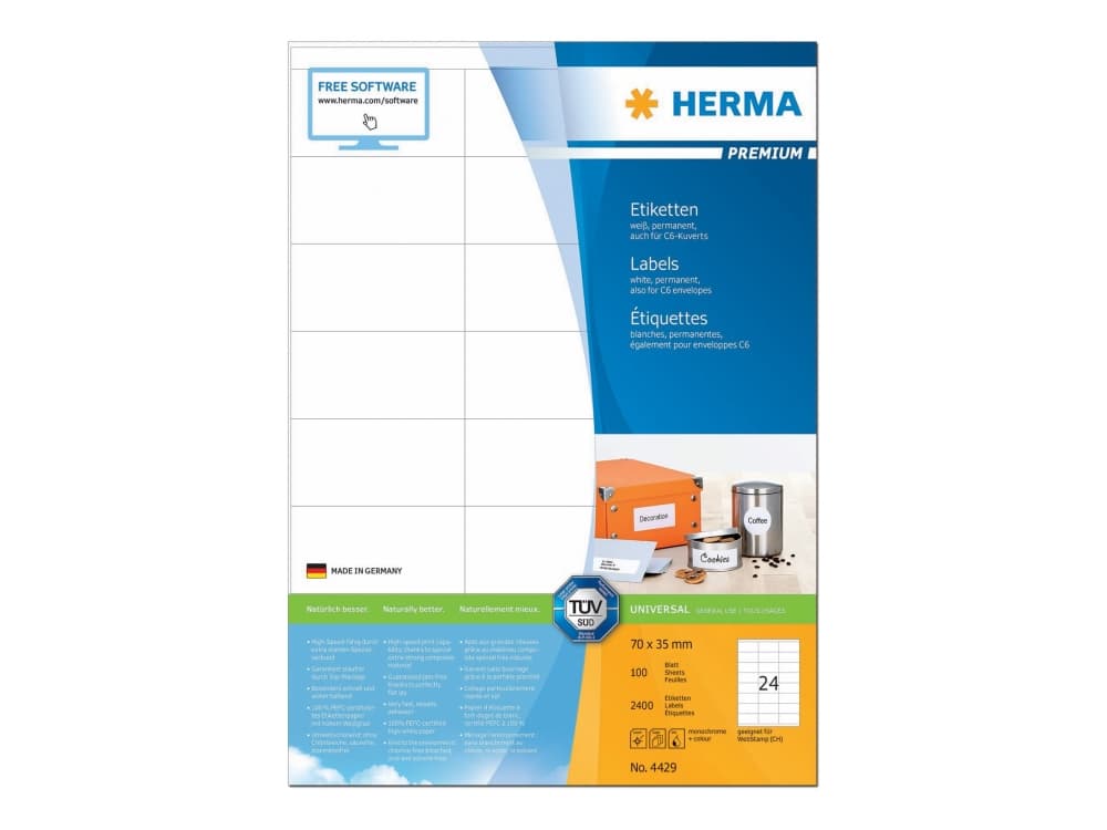 HERMA 4429, Valkoinen, Itse kiinnittyvä tulostintarra, A4, Paperi, Laser/Inkjet, Kiinteä