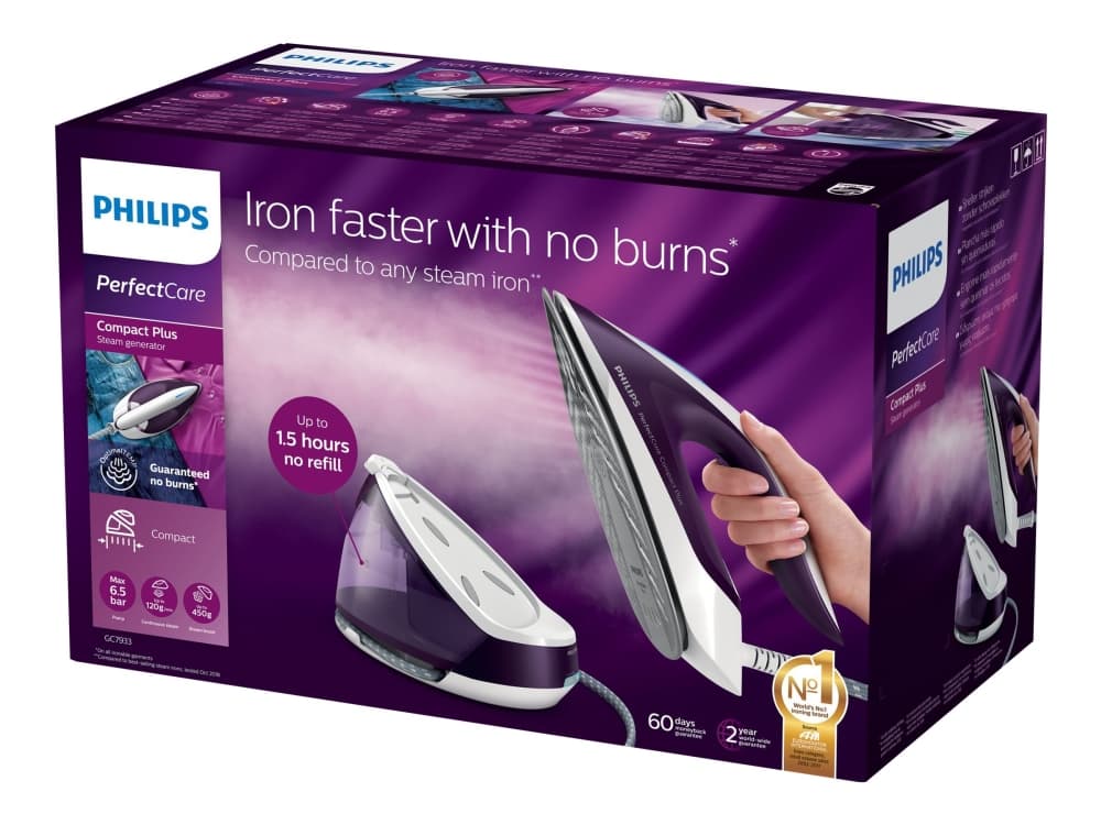 Philips PerfectCare Compact Plus GC7933/30 Silityskeskus, 120 g/min, SteamGlide Plus -pohjalevy, 0,0015 L, 430 g/min, Violetti, irrotettava