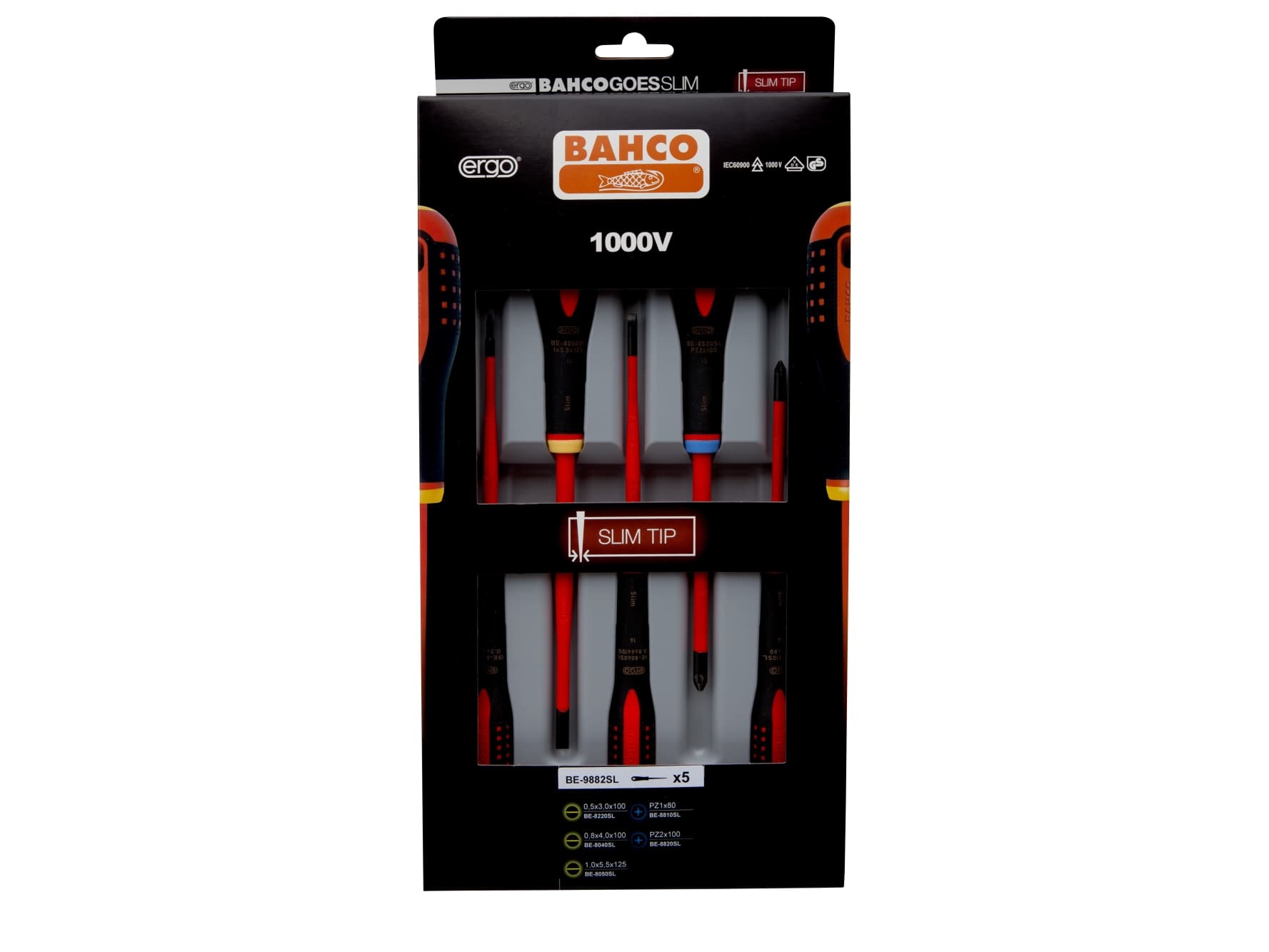 BAHCO ERGO LAUS Ruuvimeisselisarja 0,5x3,0x75 mm 0,8x4,0x100 mm 1,0x5,5x125 mm, PZ1x80 mm PZ2x100 mm