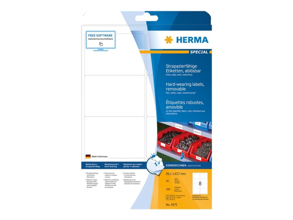 HERMA 4575, Valkoinen, Irroitettava, A4, -30 - 80 °C, 99,1 mm, 67,7 mm