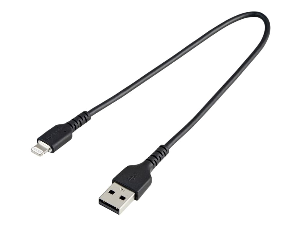 StarTech.com 12 in (30cm) Kestävä musta USB-A Lightning-kaapeli, Heavy Duty Rugged Aramid Fiber USB Type A to Lightning Charger/Sync Power Cord, Apple MFi Certified iPad/iPhone 12 Pro Max - iPhone 7/8/11/11 Pro - Lightning-kaapeli - USB han til Lightning han - 30 cm - lajittelu