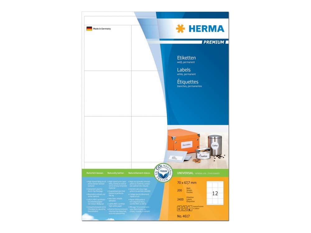 HERMA 4617, Valkoinen, Itse kiinnittyvä tulostintarra, A4, Paperi, Laser/Inkjet, Kiinteä