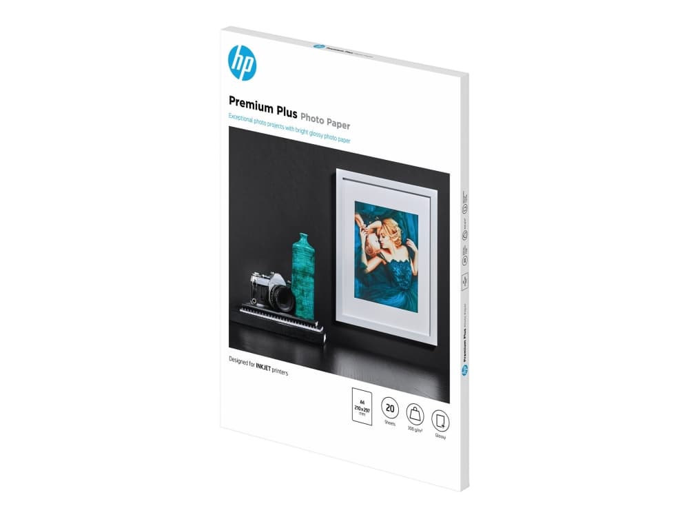 HP :n kiiltävä Premium Plus -valokuvapaperi, 20 arkkia, A4-koko, 210 × 297 mm, Kiilto, 300 g/m², Laser/Inkjet, 20 arkkia, Yritys, Yritys, 15 - 35 °C
