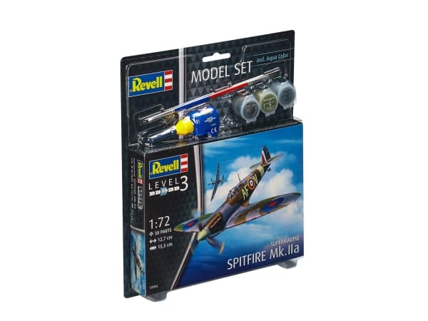 Revell Model Kit Aircraft 1:72 - Spitfire Mk.IIa mittakaavassa 1:72, Level 3, uskollinen jäljennös monine yksityiskohtineen, , Model Set with basic accessories, 63953, 120 År