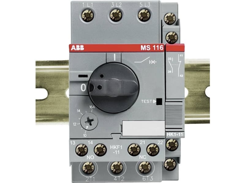 ABB:n käsikäyttöinen moottorinsuoja MS116 3-napainen asetusalue 10,0-16,0A, 16kA 400VAC:ssa Ruuviliitin