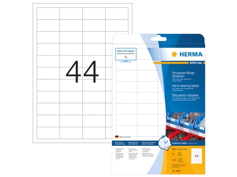 HERMA 4690, Valkoinen, Itse kiinnittyvä tulostintarra, A4, Laser, Kiinteä, Matta