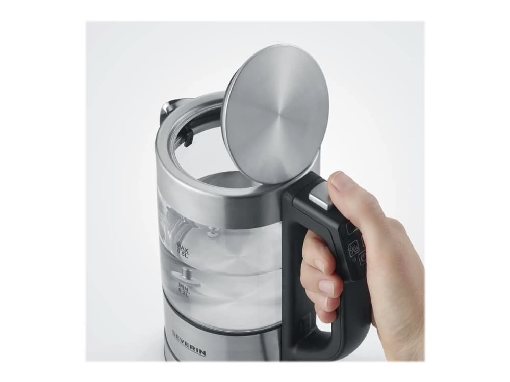 Severin WK 3458, 0,5 L, 1100 W, Musta, Läpinäkyvä, Lasi, Ruostumaton teräs, Säädettävä termostaatti, Veden tason ilmaisin