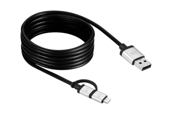 JustMobile AluCable Duo, 1,5 m, USB A, Micro-USB B/Lightning, Hanstik/Hanstik, Alumiini, Lajittelu