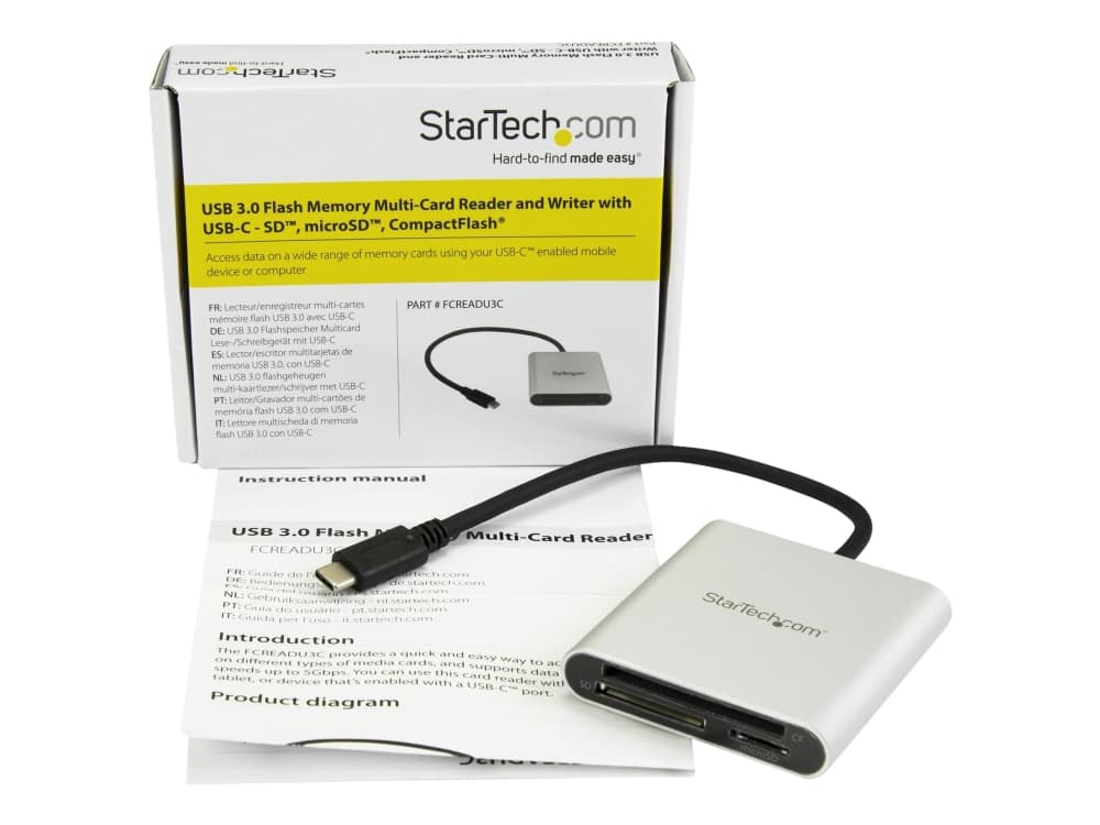 StarTech.com USB 3.0 Flash-muistien monikortinlukija/kirjoitin USB-C:llä - SD microSD ja CompactFlash-kortinlukija integroidulla USB-C-kaapelilla (FCREADU3C) - Kortinlukija (CF 1, CF II, MMC, SD, microSD, SDHC, microSDHC, SDXC, microSDXC) - USB 3.0 - USB 3.0