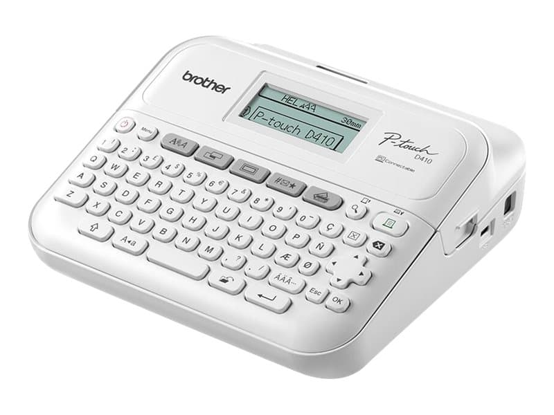 Brother P-Touch PT-D410VP - tarrakirjoitin - mustavalkoinen - lämpösiirto - 18 mm leveys - 180 dpi - jopa 20 mm/s - USB - leikkuri - tulostuksen esikatselu, peilipainatus, pystysuora tulostus, monikopiotulostus - harmaa, valkoinen