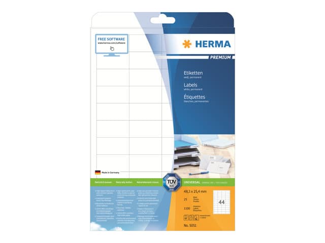 HERMA 5051, Valkoinen, Suorakulmio, Kiinteä, Paperi, Matta, Laser/Inkjet