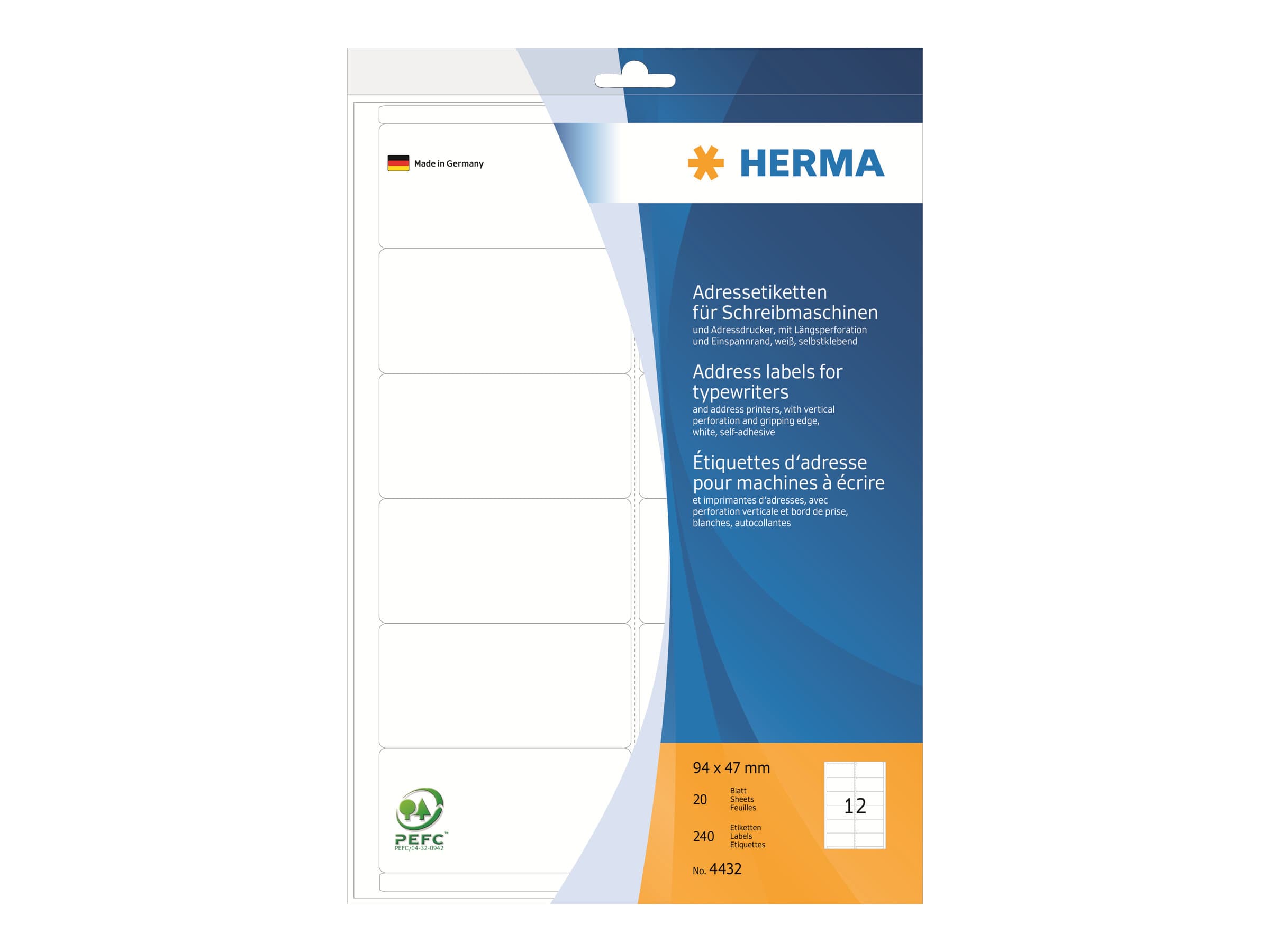HERMA 4432, Valkoinen, Paperi, Matta, 9,4 cm, 4,7 cm, 20 arkkia