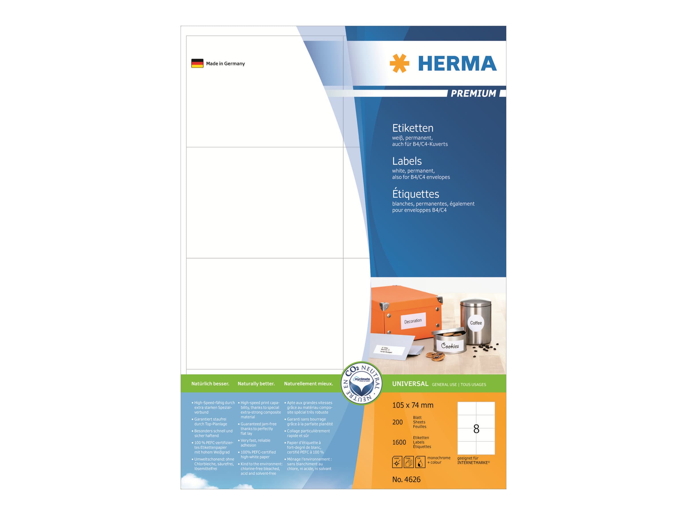 HERMA 4626, Valkoinen, Suorakulmio, Kiinteä, Paperi, Matta, Laser/Inkjet