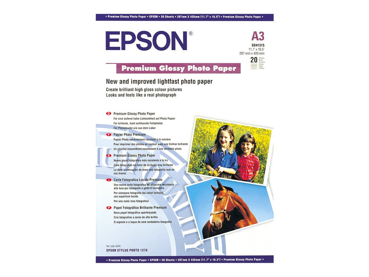 Epson Premium Glossy Photo Paper, DIN A3, 255 g/m², 20 arkkia, Kiilto, 255 g/m², A3, Valkoinen, 20 arkkia, Epson Stylus Office B1100 Epson Stylus Office T1100 Epson Stylus Photo 1290 Epson Stylus Photo...