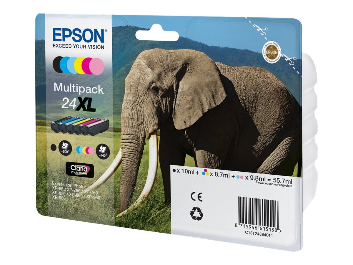 Epson Elephant Multipack 6-colours 24XL Claria Photo HD Ink, Korkea (XL) värintuotto, Musta, Syaani, Vaalea syaani, Magenta, Vaalea Magenta, Keltainen, 10 ml, 8,7 ml, 6 kpl, Monipakkaus