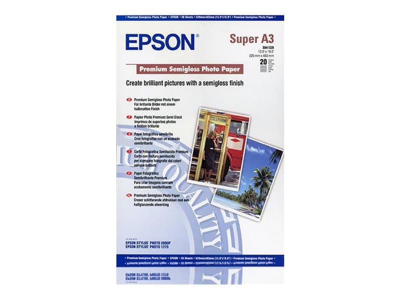 Epson Premium Semigloss Photo Paper, DIN A3+, 250 g/m², 20 arkkia, Puolikiiltävä, 251 g/m², Valkoinen, 20 arkkia, Stylus Photo 1200, Stylus Photo 1270, Stylus Photo 2000P, Stylus Photo 2100, Epson Stylus Photo..., 1 kpl