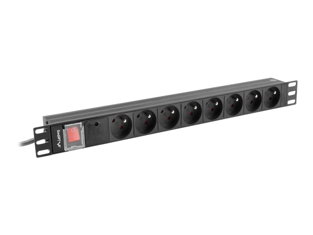 Lanberg PDU-08E-0200-BK, Kytkimellinen, 1U, Yksivaiheinen, Vaaka, Alumiini, Musta