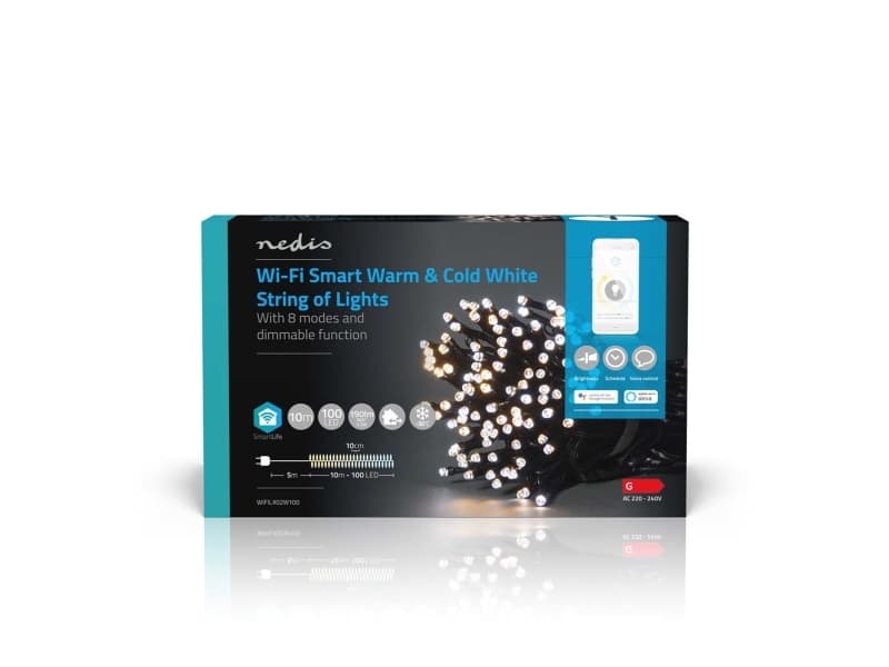 Nedis WIFILX02W100, Koristevaloketju, Valkoinen, IP65, Musta, 100 lamppua, LED