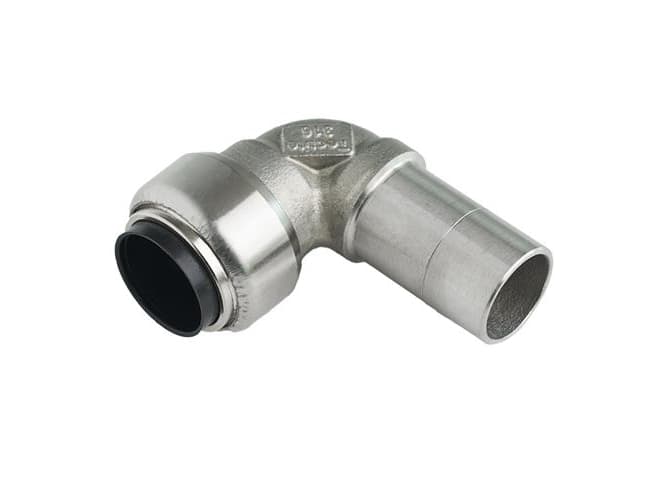 Roth vinkel 90° 15 mm muffe/nippel rustfri stål 15 mm muffe/nippel rustfri stål